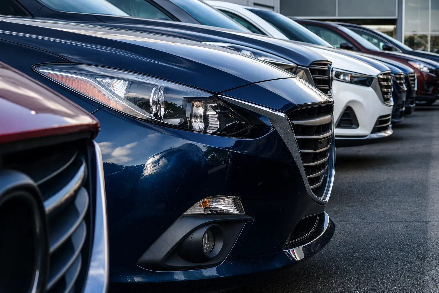 Close view of dealer vehicles lined up and ready for inventory discovery